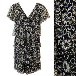 HOLLY HARP Women’s S Tiered Ruffle Metallic Floral Dress Gold Black Lace Rosette